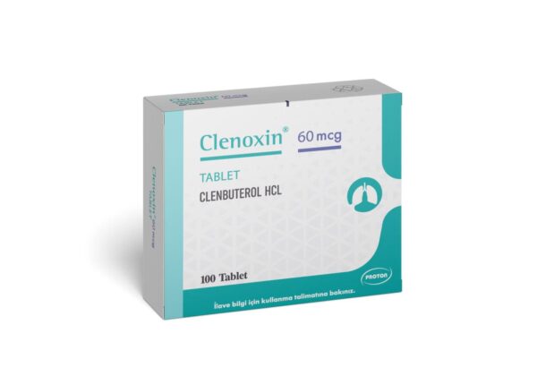 Clenoxin 60 mcg Clenbuterol HCL tablets by Proton Pharma, pharmaceutical packaging for respiratory treatment