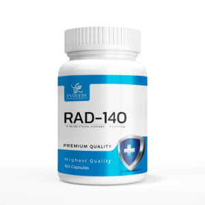 Evogene SARMs RAD-140 10mg bottle with capsules on white background