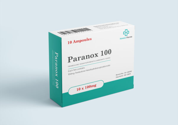 Paranox 100 mg Trenbolone Hexahydrobenzylcarbonate injectable solution by Novotex Pharma, pharmaceutical vial front view
