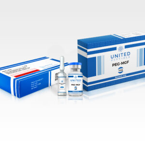 United Peptides PEG-MGF 1mg peptide vial on a white background