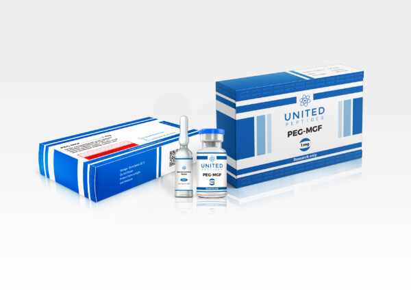 United Peptides PEG-MGF 1mg peptide vial on a white background