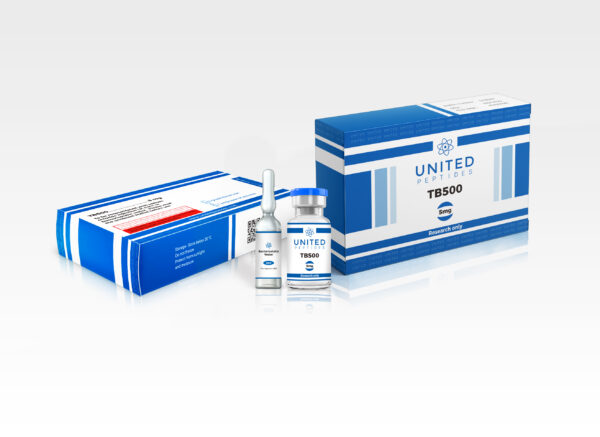 United Peptides TB-500 5mg peptide vial on white background