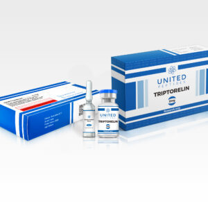 United Peptides Triptorelin 2mg peptide vial on white background