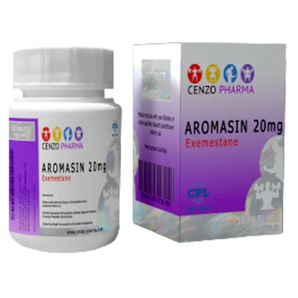 Cenzo Pharma Aromasin 20mg 50-tablet bottle with product label and packaging design.