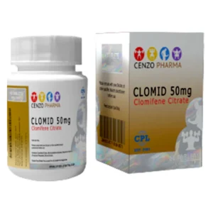 Cenzo Pharma Clomid 50mg tablets bottle with label and blister packaging, containing 60 tablets.