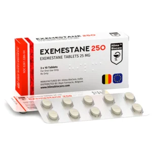 Hilma Biocare Exemestane 25mg tablet blister pack, 30 tablets, on white background