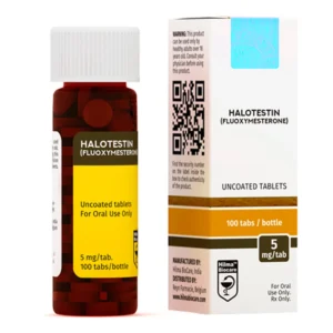 Hilma Biocare Halotestin 5mg tablet blister pack, 100 tablets, on white background