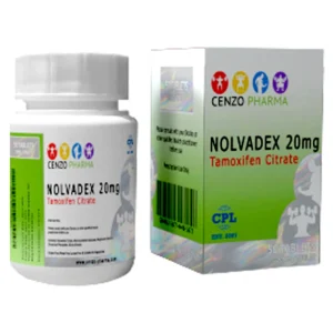 Cenzo Pharma Nolvadex 20mg tablets bottle with label and blister packaging containing 50 tablets.
