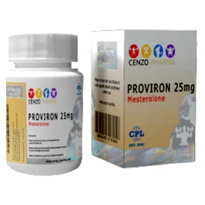 Cenzo Pharma Proviron 25mg tablets bottle with label and blister packaging containing 50 tablets.